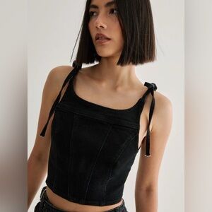Nasty Gal Black Denim Strappy Tank Top adjustable ties size 8 Cropped back zip